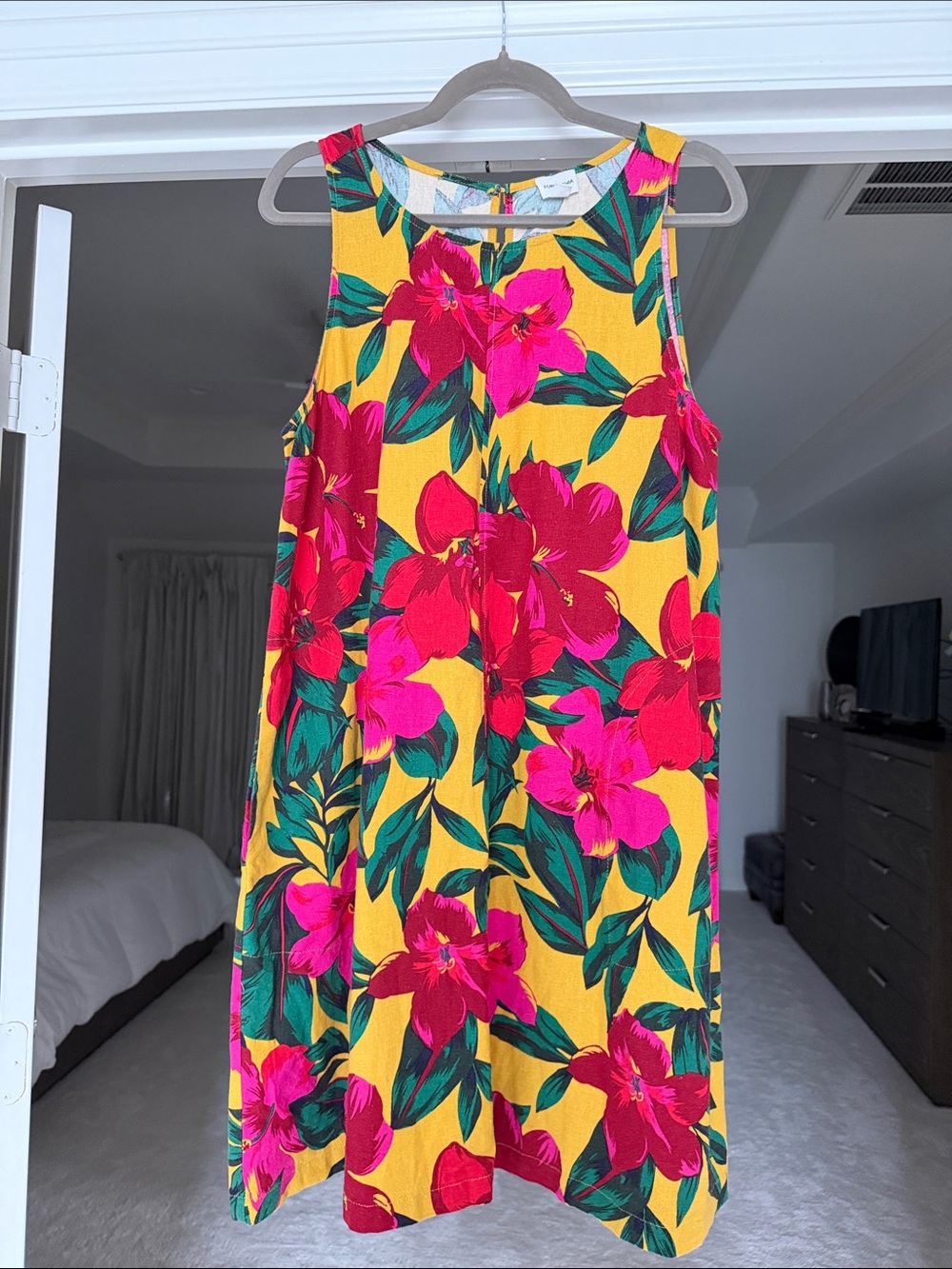 LINEN Blend Bright Yellow Floral Dress with Pink Flowers